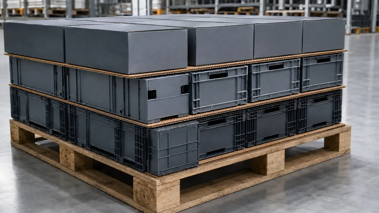 Camadas de caixas em pallet separadas por folhas de onda exposta kraft