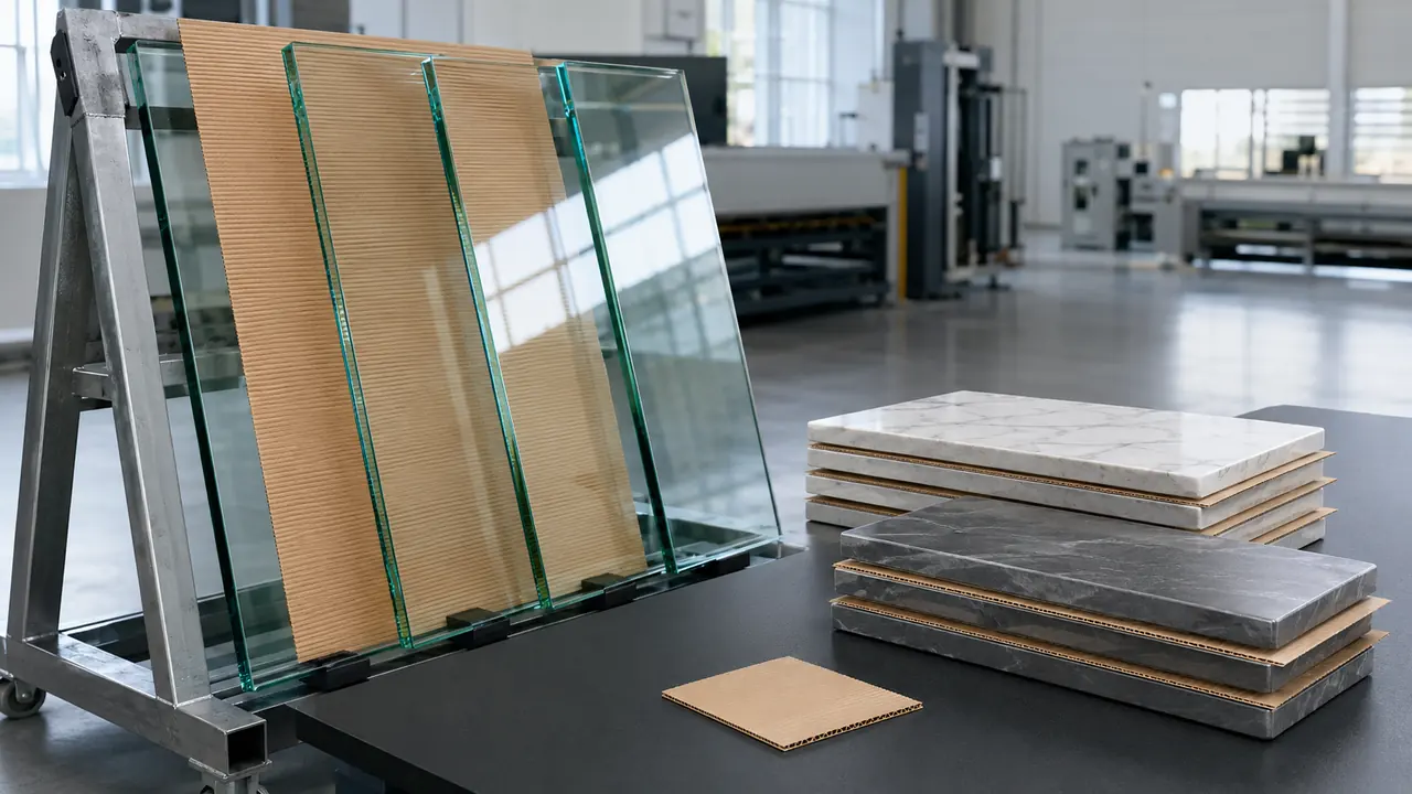 Placas de vidro e cerâmica separadas por folhas de onda exposta kraft